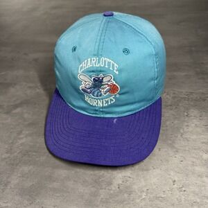 Vintage Charlotte Hornets Snapback Hat Teal Purple Faded AJD Spellout Script 90s